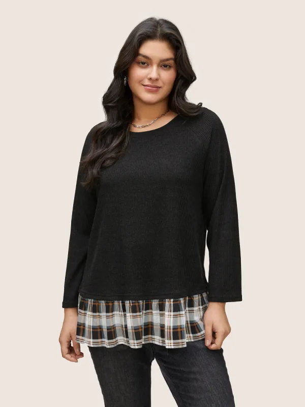 Rib Knit Plaid Patchwork Raglan Sleeve T-shirt sold by Bloomchic