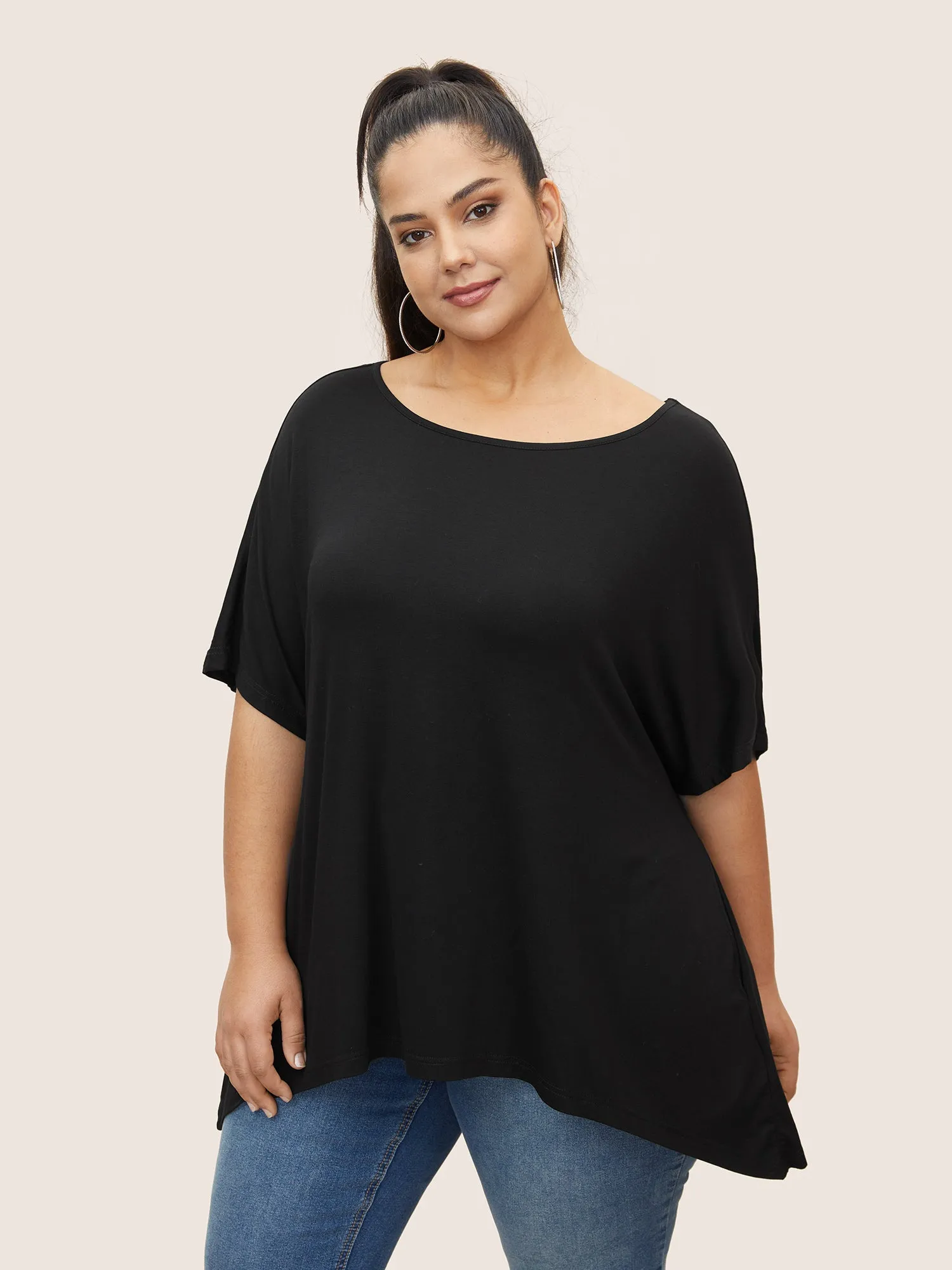 Solid Boat Neck Batwing Sleeve T-shirt sold by Bloomchic