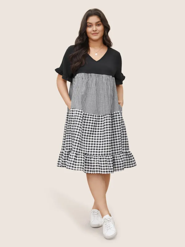 Gingham Patchwork V Neck Pocket Ruffles Dress sold by Bloomchic