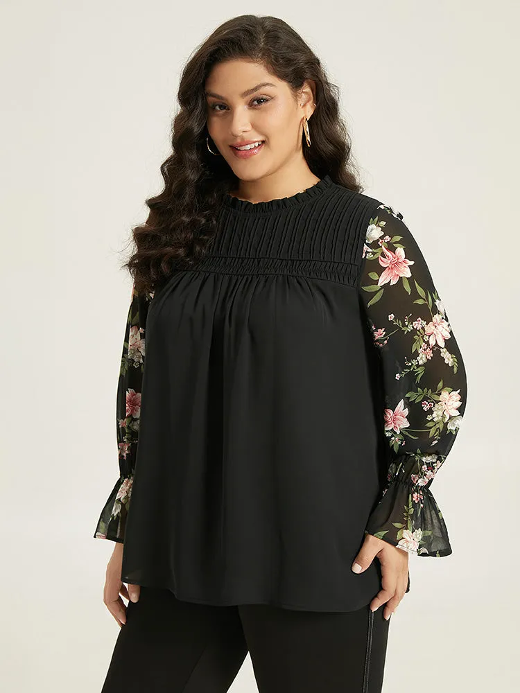Twill Floral Patchwork Shirred Mesh Frill Trim Blouse sold by Bloomchic product image thumbnail 3