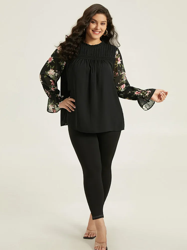 Twill Floral Patchwork Shirred Mesh Frill Trim Blouse sold by Bloomchic product image thumbnail 4