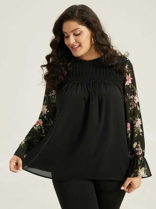 Twill Floral Patchwork Shirred Mesh Frill Trim Blouse sold by Bloomchic