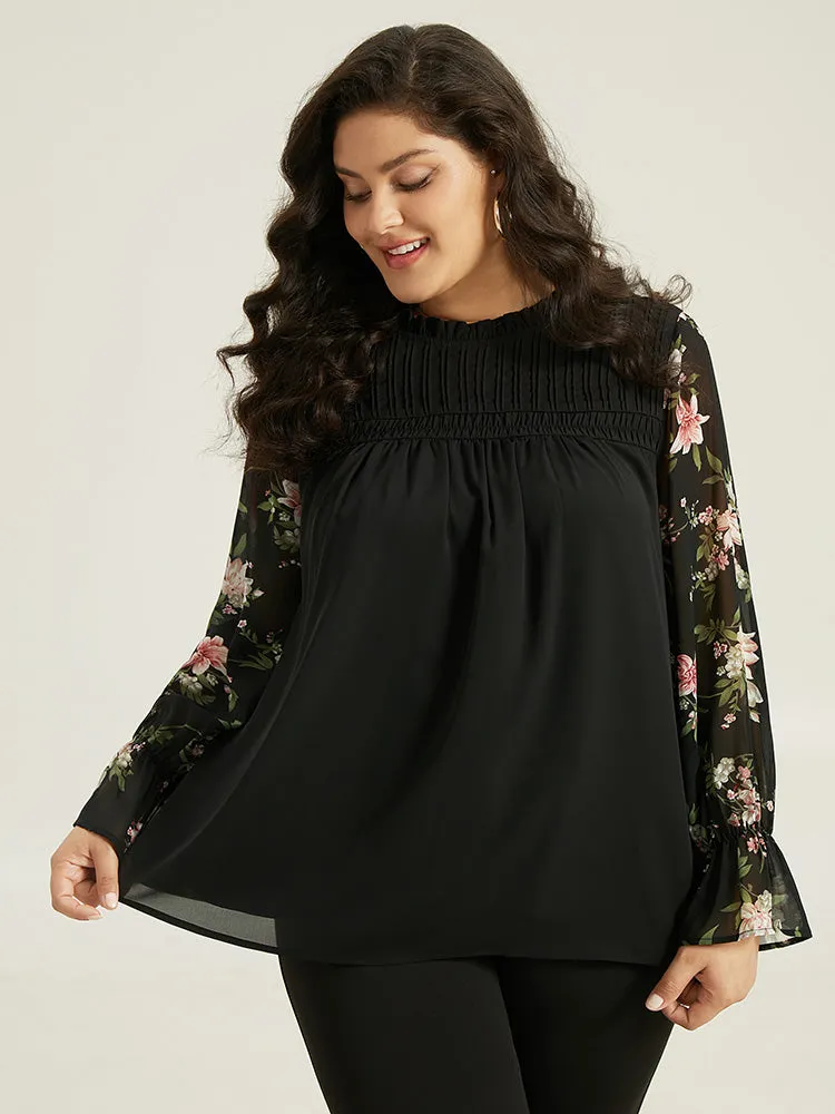 Twill Floral Patchwork Shirred Mesh Frill Trim Blouse sold by Bloomchic