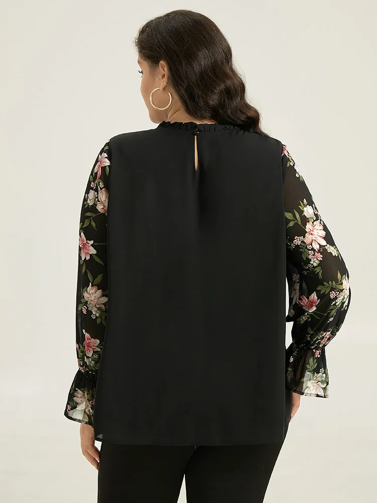 Twill Floral Patchwork Shirred Mesh Frill Trim Blouse sold by Bloomchic product image thumbnail 5