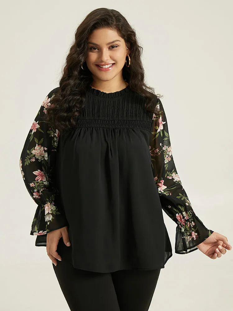 Twill Floral Patchwork Shirred Mesh Frill Trim Blouse sold by Bloomchic product image thumbnail 2