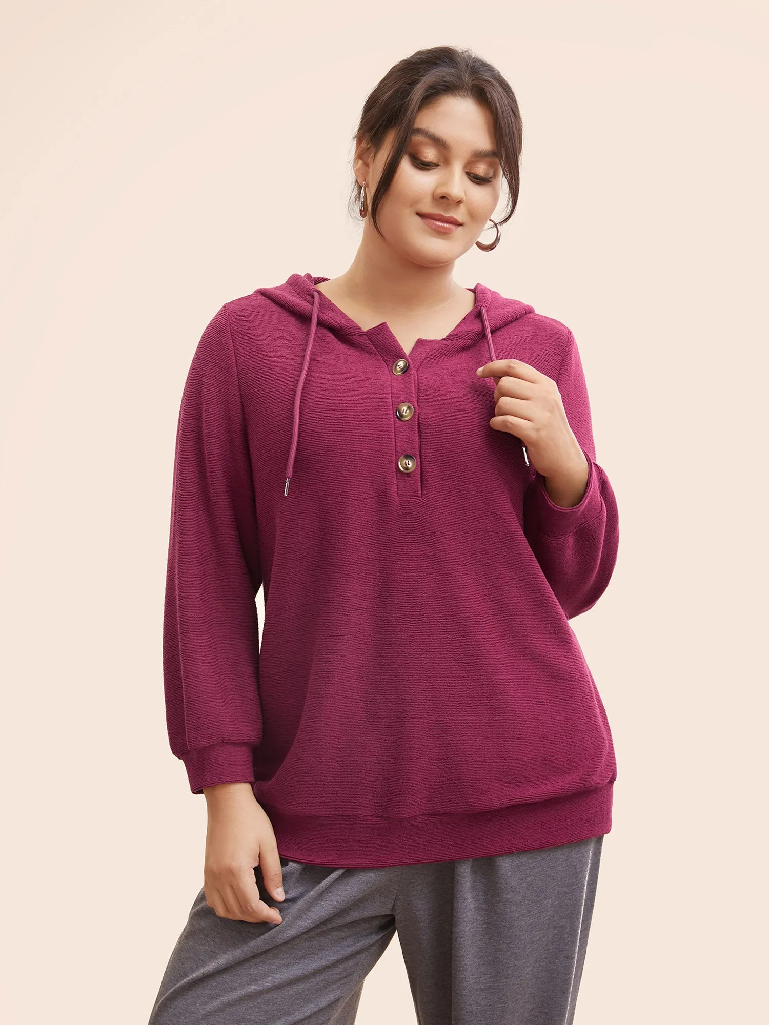 Solid Button Up Hooded Drawstring Sweatshirt sold by Bloomchic