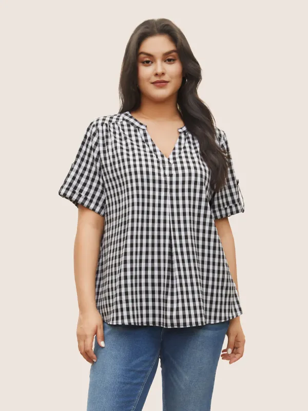 Gingham Gathered Notched Tab Sleeve Blouse sold by Bloomchic