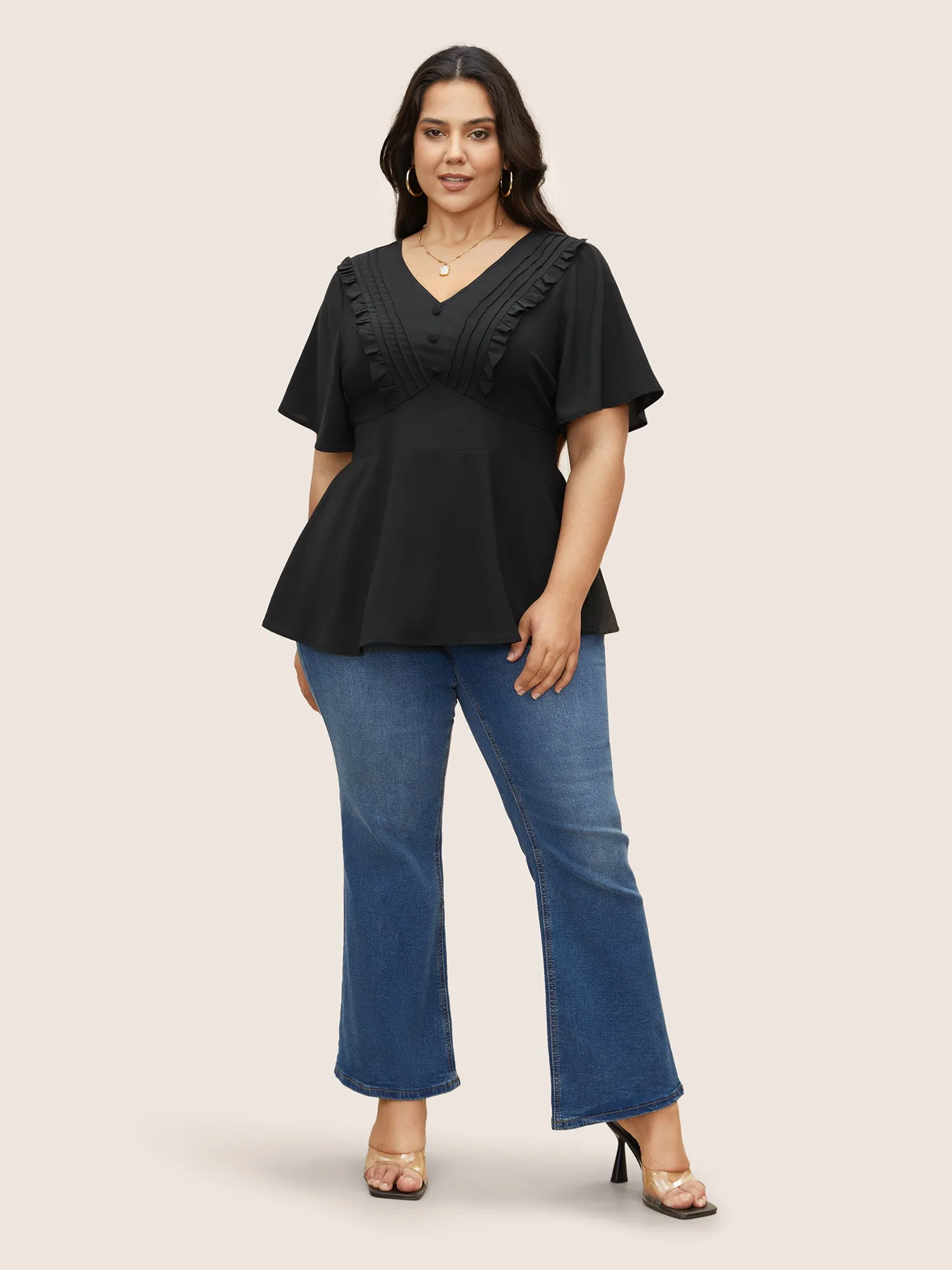 Solid Ruffle Sleeve Button Detail Blouse sold by Bloomchic product image thumbnail 2