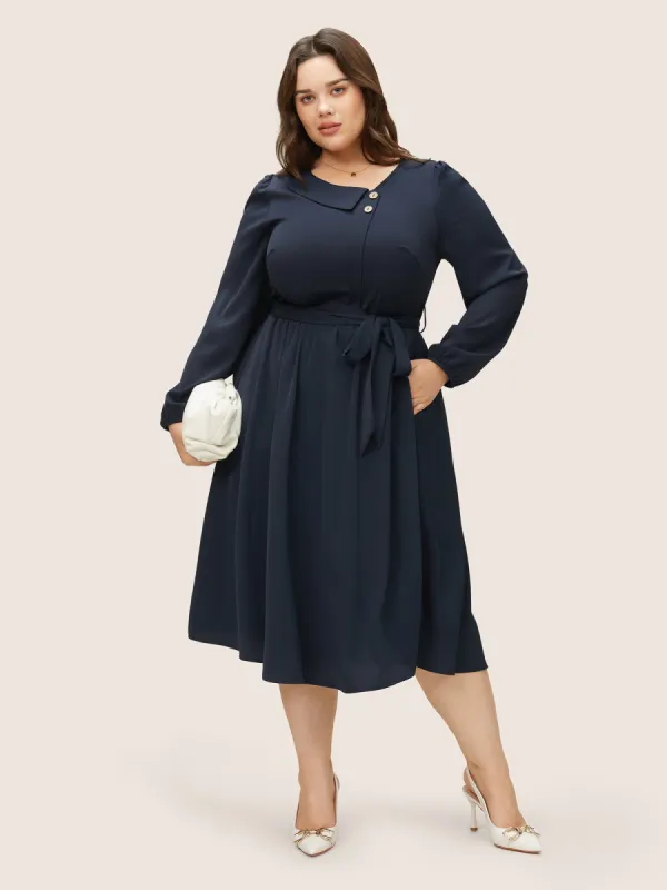 Anti-Wrinkle Asymmetrical Neck Button Detail Dress sold by Bloomchic