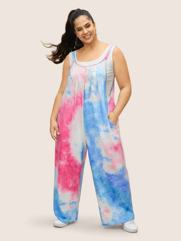 U Neck Tie Dye Pocket Pleated Jumpsuit sold by Bloomchic