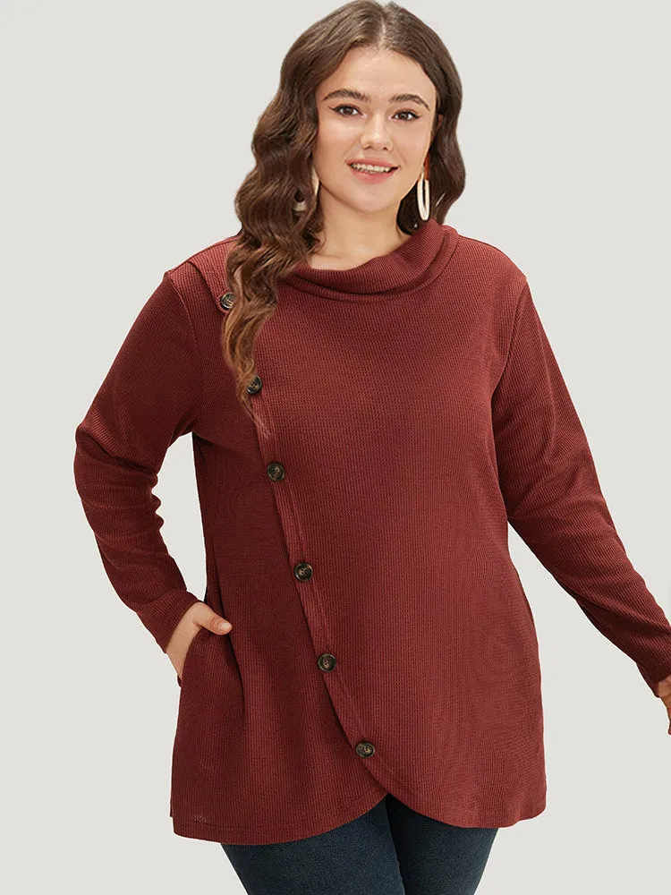 Rib Knit Mock Neck Wrap Pocket Button Detail Sweatshirt sold by Bloomchic