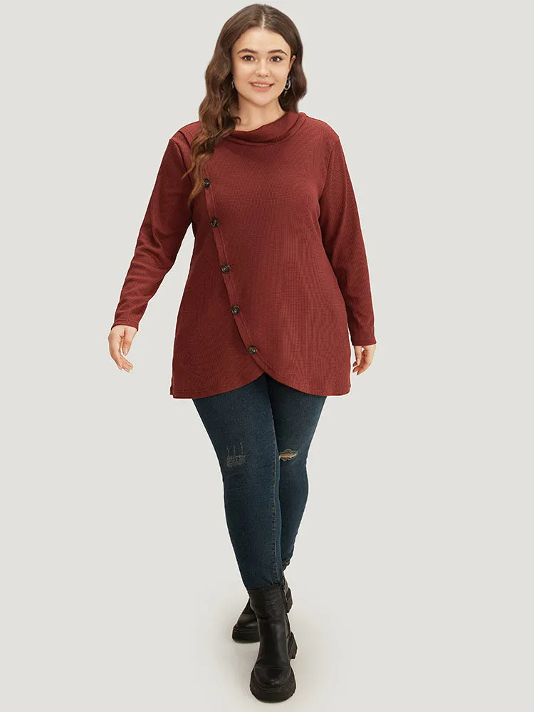 Rib Knit Mock Neck Wrap Pocket Button Detail Sweatshirt sold by Bloomchic product image thumbnail 4