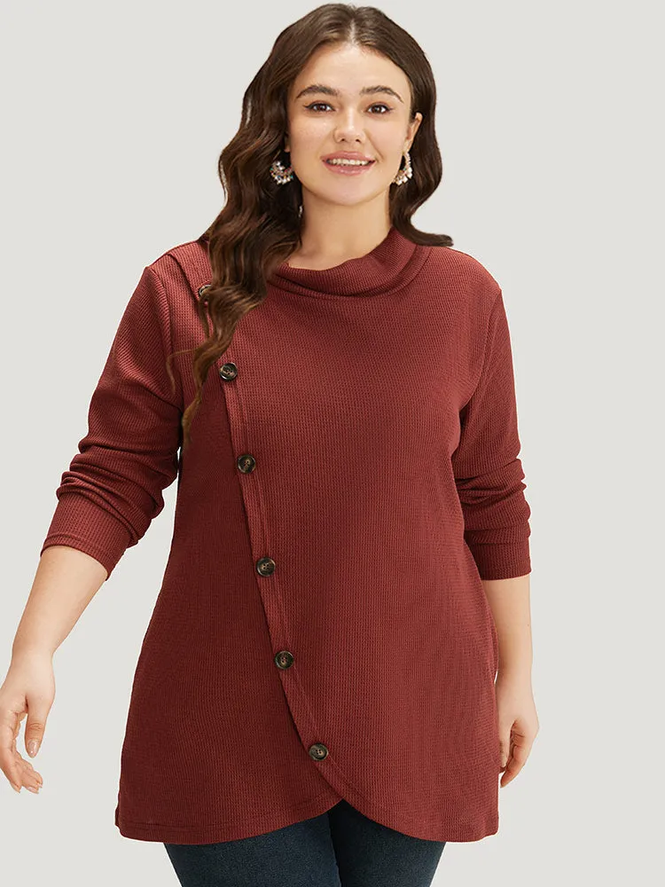 Rib Knit Mock Neck Wrap Pocket Button Detail Sweatshirt sold by Bloomchic product image thumbnail 3