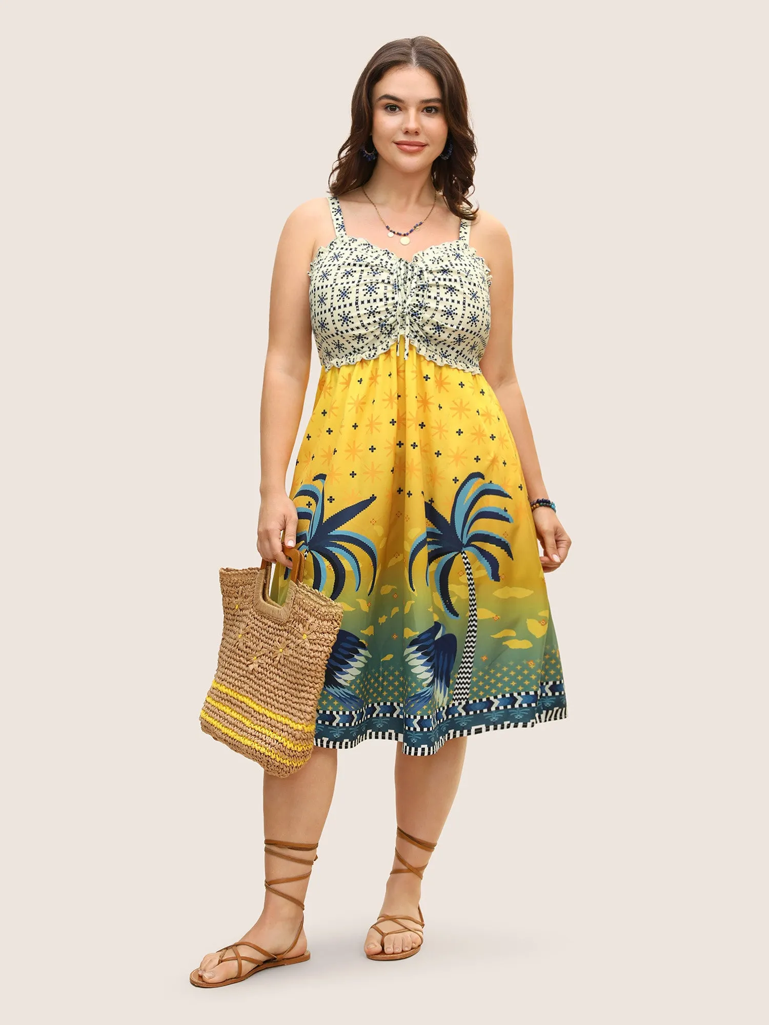 Tropical Print Drawstring Frill Trim Dress sold by Bloomchic
