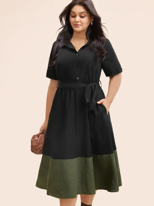 Shirt Collar Contrast Patchwork Belted Midi Dress sold by Bloomchic