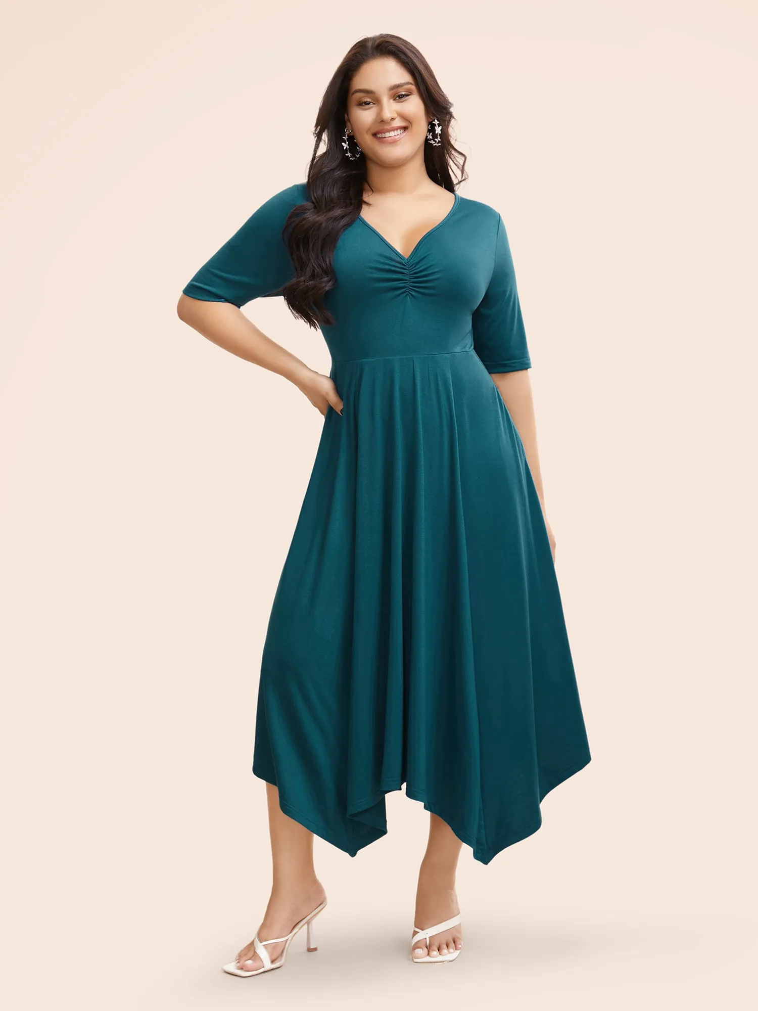 Solid Ruched Pocket Asymmetrical Hem Dress sold by Bloomchic product image thumbnail 3