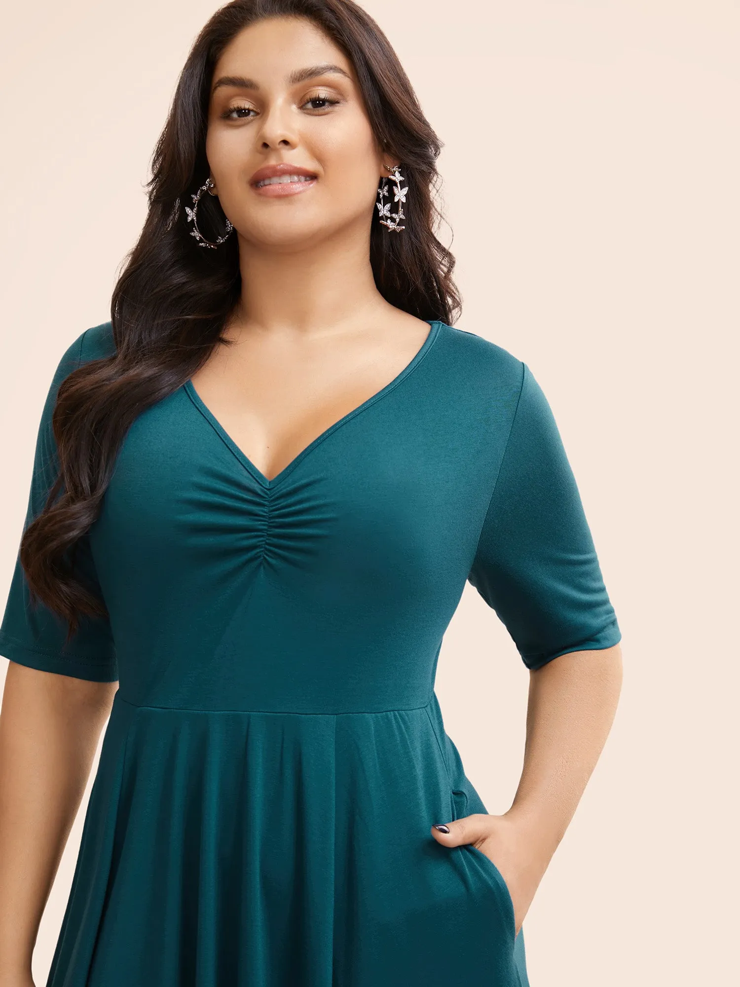 Solid Ruched Pocket Asymmetrical Hem Dress sold by Bloomchic product image thumbnail 2