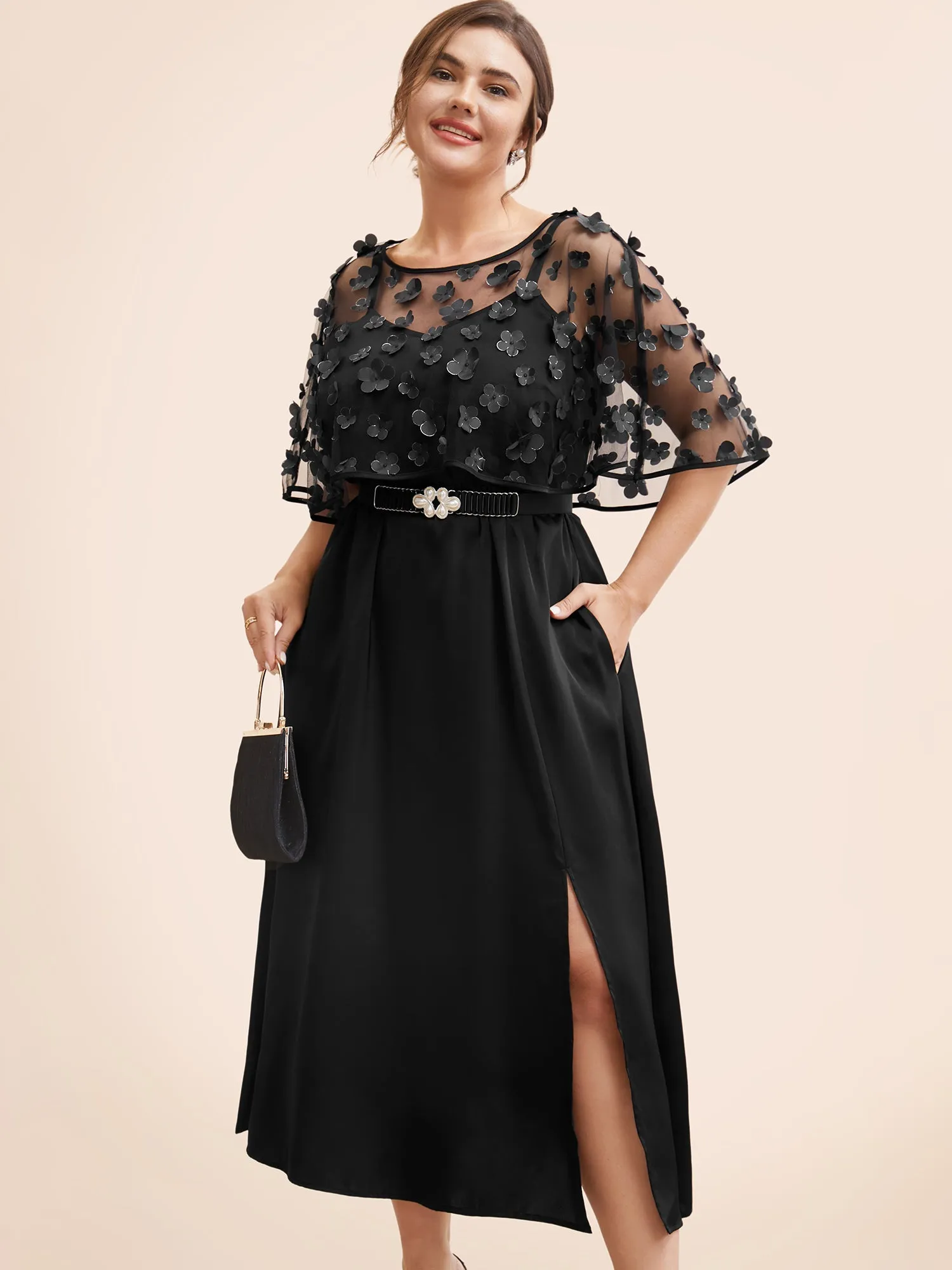 Two-Piece Appliques Mesh Shawl Split Hem Dress sold by Bloomchic