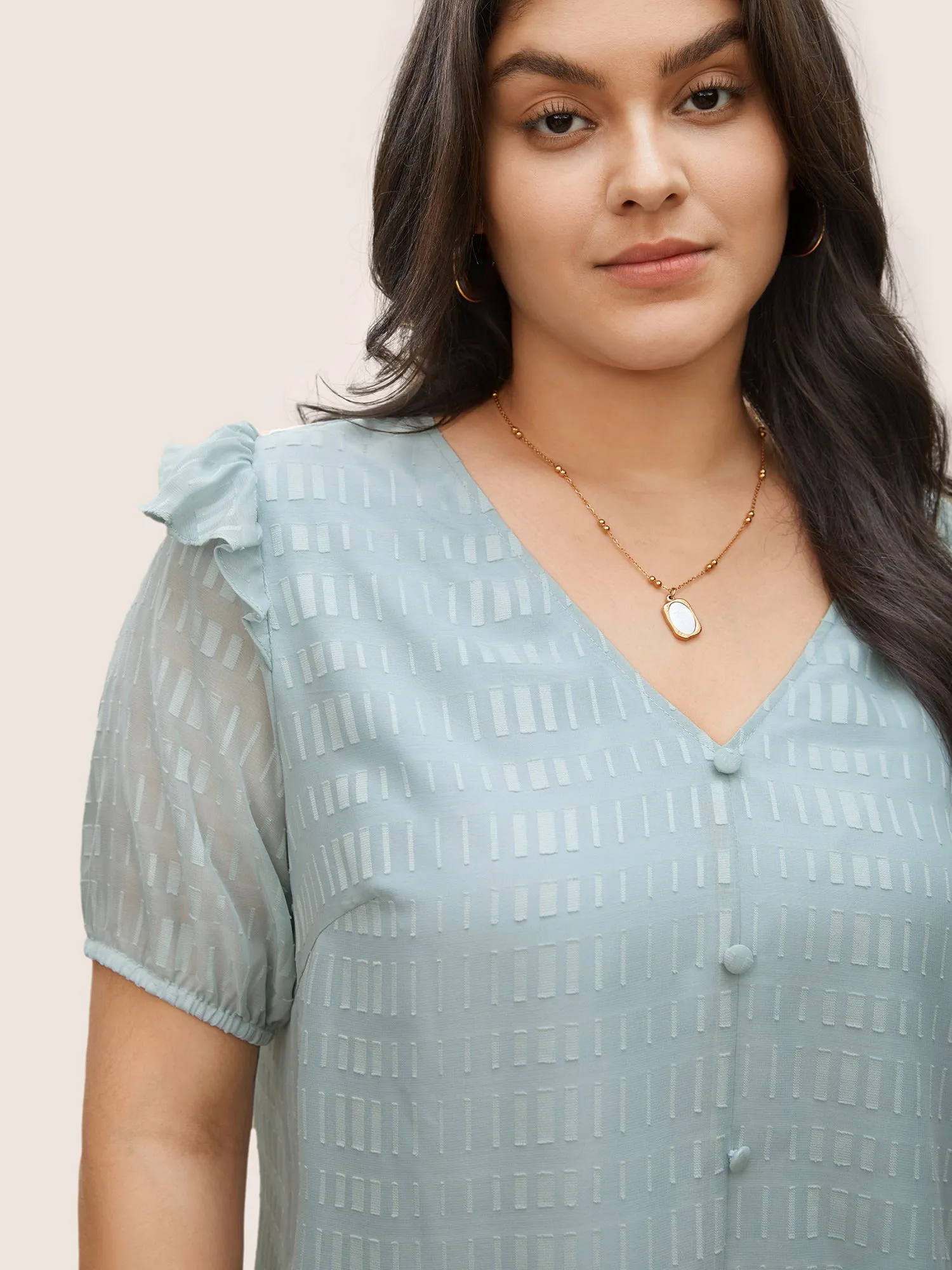 Solid Textured Gathered Ruffles Button Detail Blouse sold by Bloomchic product image thumbnail 4