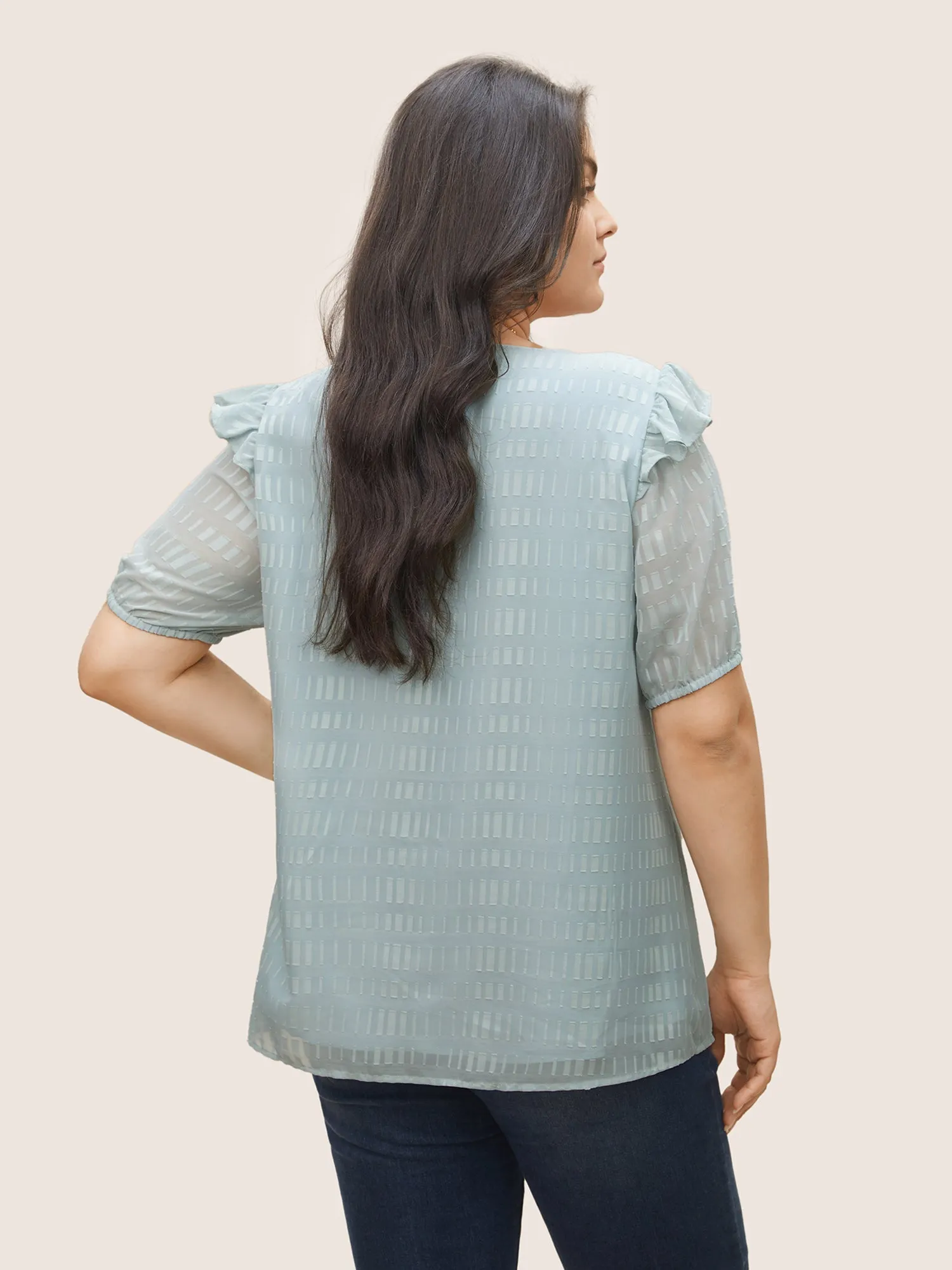 Solid Textured Gathered Ruffles Button Detail Blouse sold by Bloomchic product image thumbnail 3