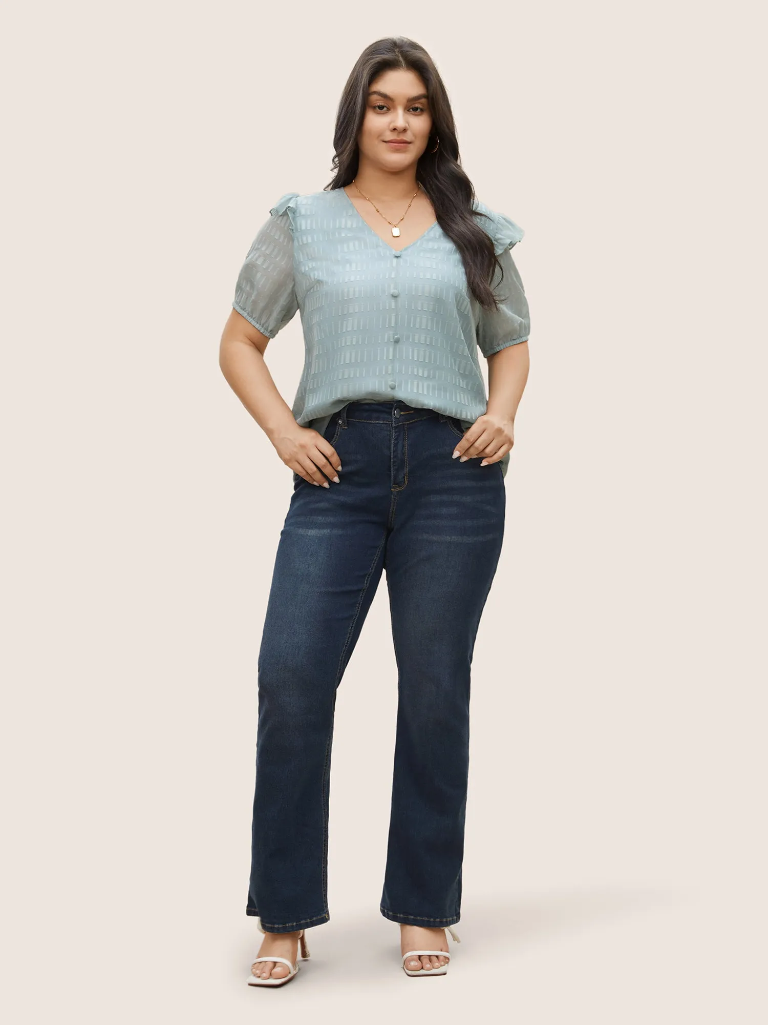 Solid Textured Gathered Ruffles Button Detail Blouse sold by Bloomchic product image thumbnail 2