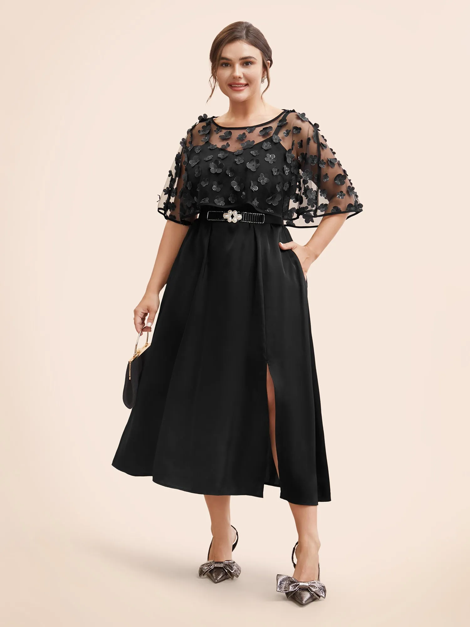 Two-Piece Appliques Mesh Shawl Split Hem Dress sold by Bloomchic product image thumbnail 3
