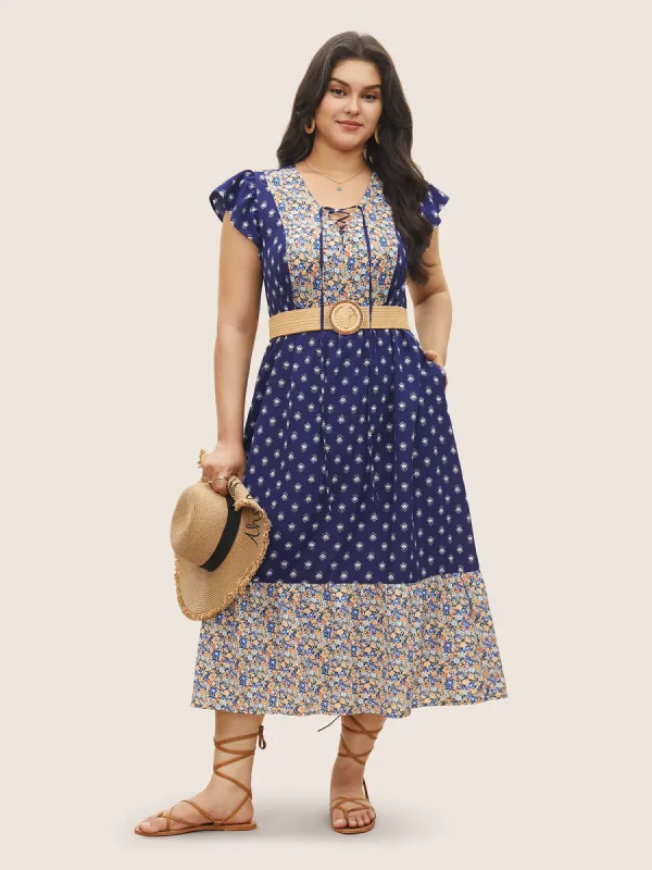 Boho Print Ruffle Cap Sleeve Lace Up Dress sold by Bloomchic