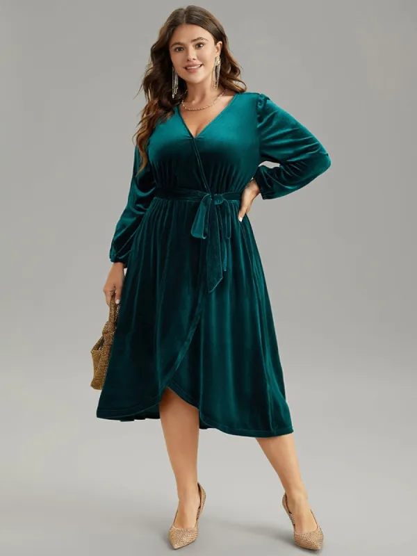 Solid Velvet Belted Wrap Arc Hem Dress sold by Bloomchic