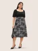 Figurative Print Patchwork Pleated Square Neck Dress sold by Bloomchic