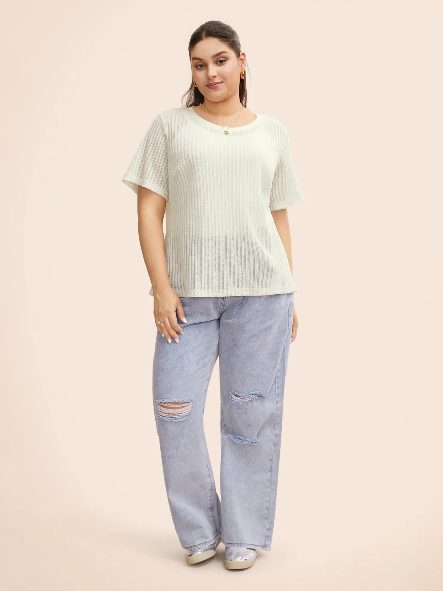 Round Neck Pointelle Knit T-shirt sold by Bloomchic product image thumbnail 3