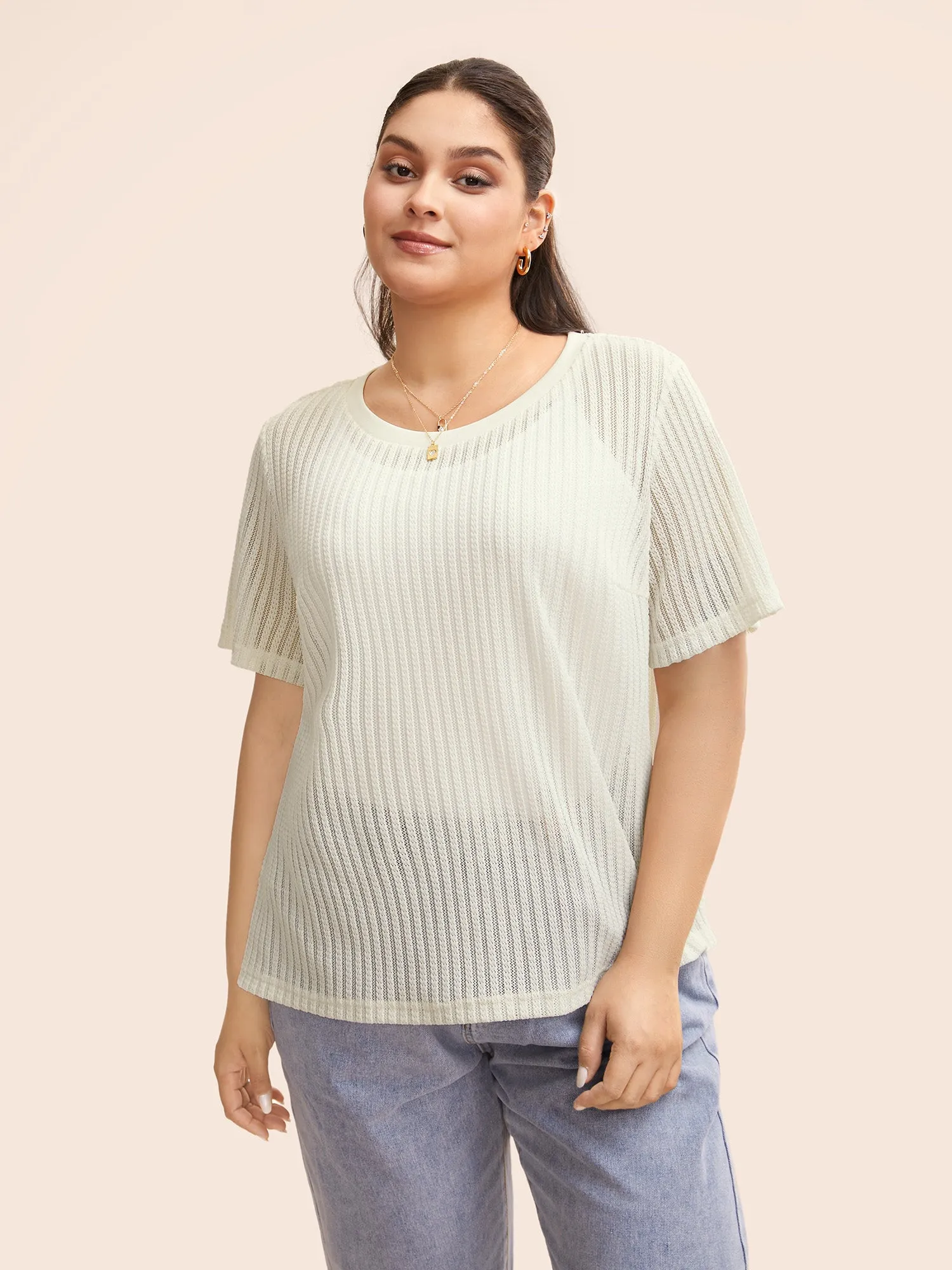 Round Neck Pointelle Knit T-shirt sold by Bloomchic