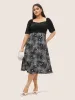 Figurative Print Patchwork Pleated Square Neck Dress sold by Bloomchic