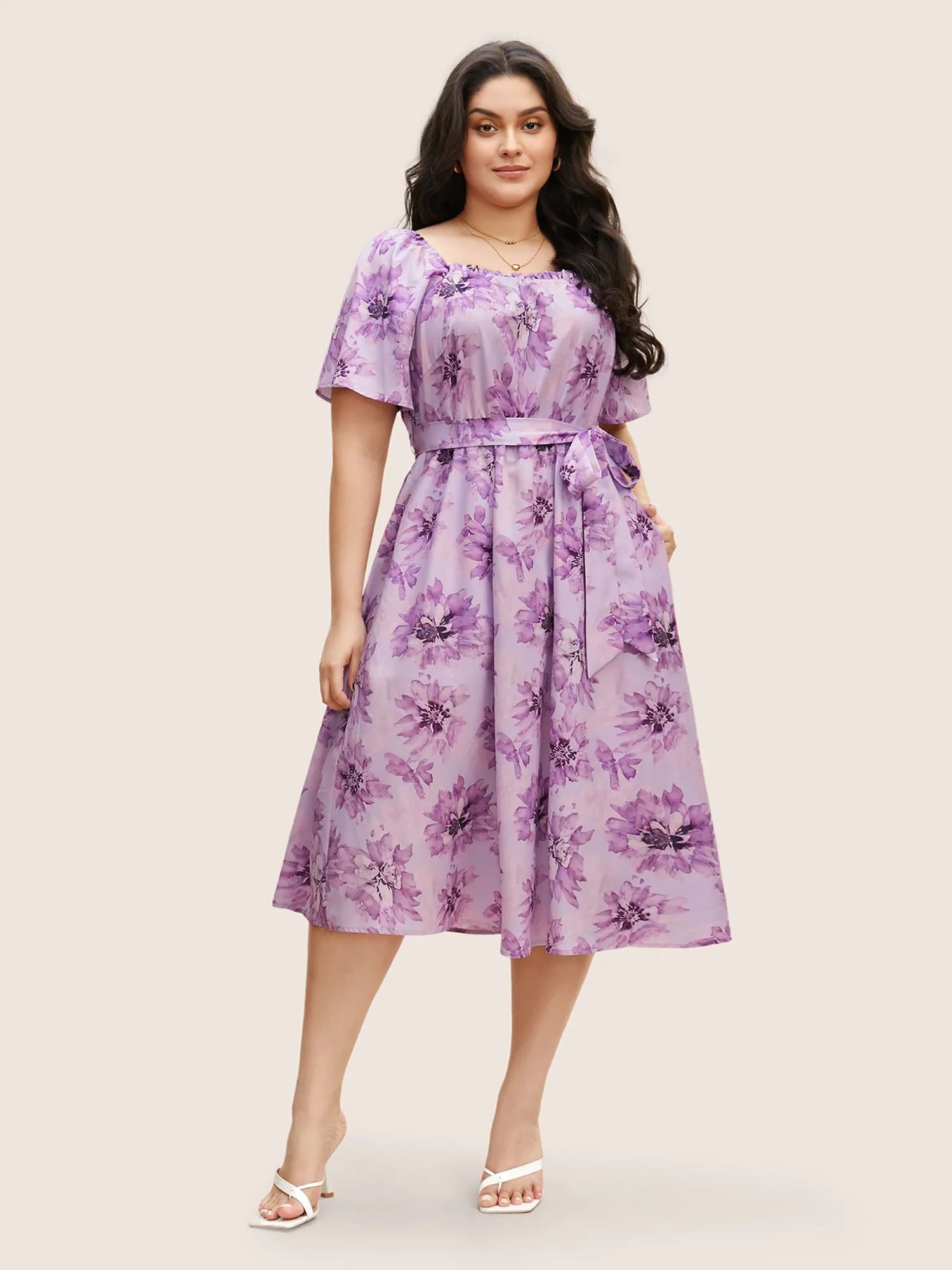 Floral Print Square Neck Frill Trim Midi Dress sold by Bloomchic