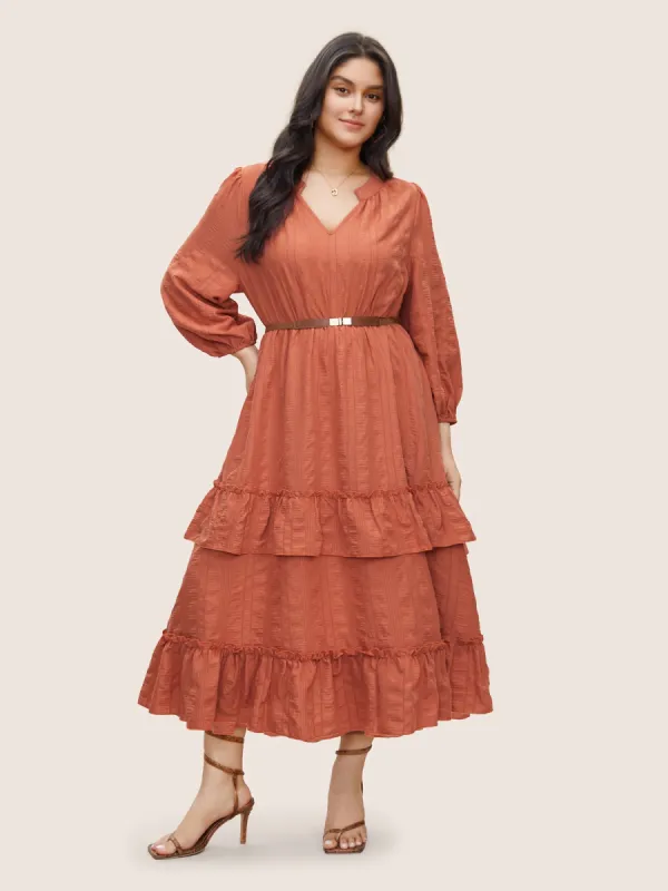 Plisse Notched Ruffle Trim Layered Hem Dress sold by Bloomchic