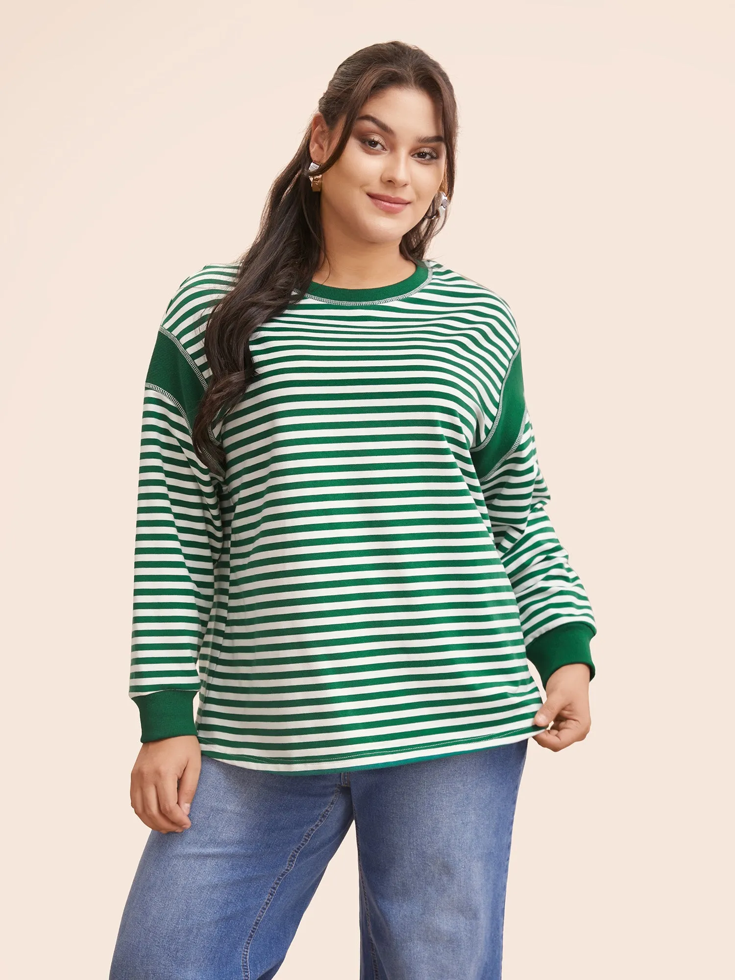 Round Neck Striped Patchwork Stitch Sweatshirt sold by Bloomchic product image thumbnail 2