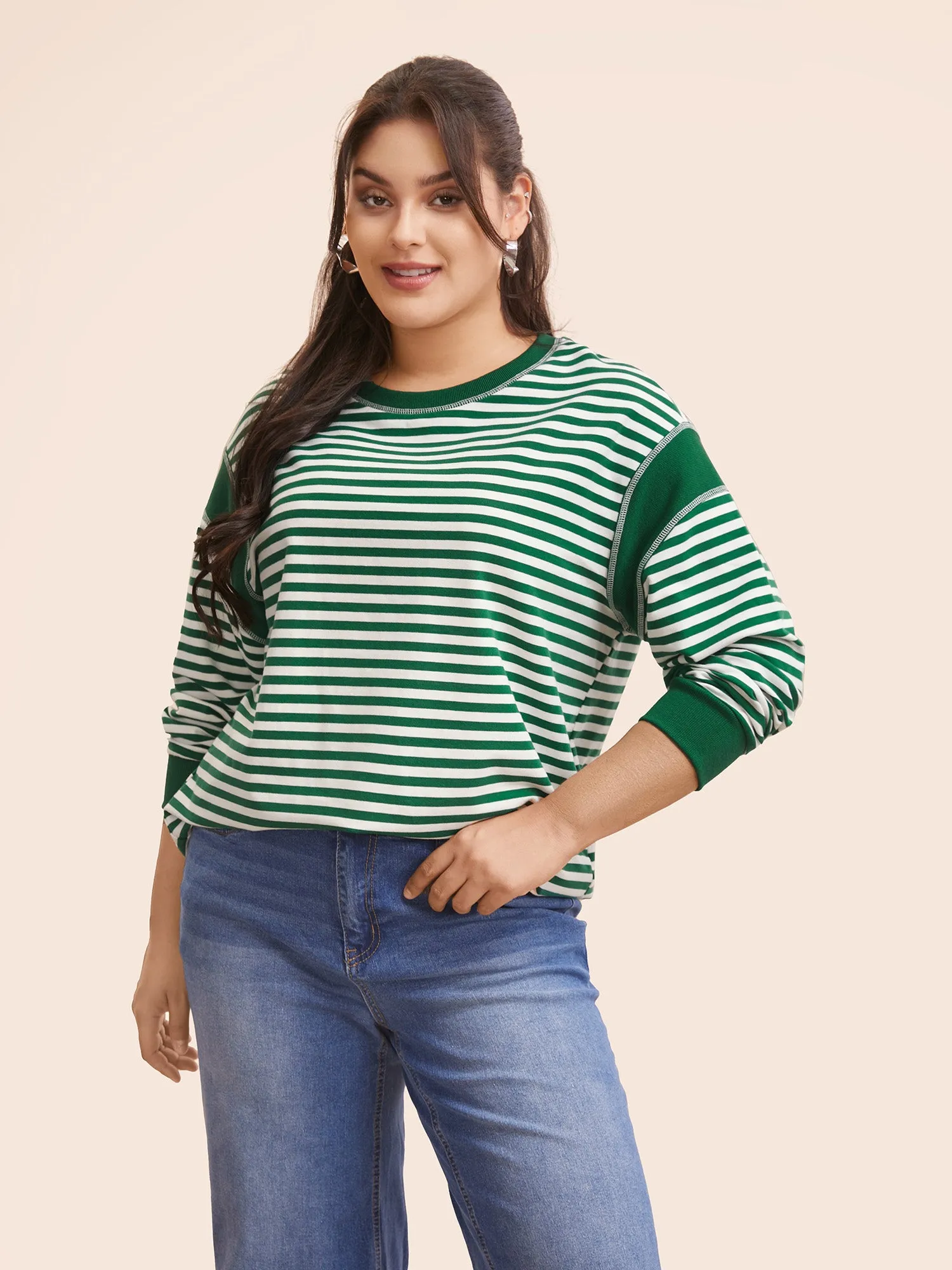 Round Neck Striped Patchwork Stitch Sweatshirt sold by Bloomchic
