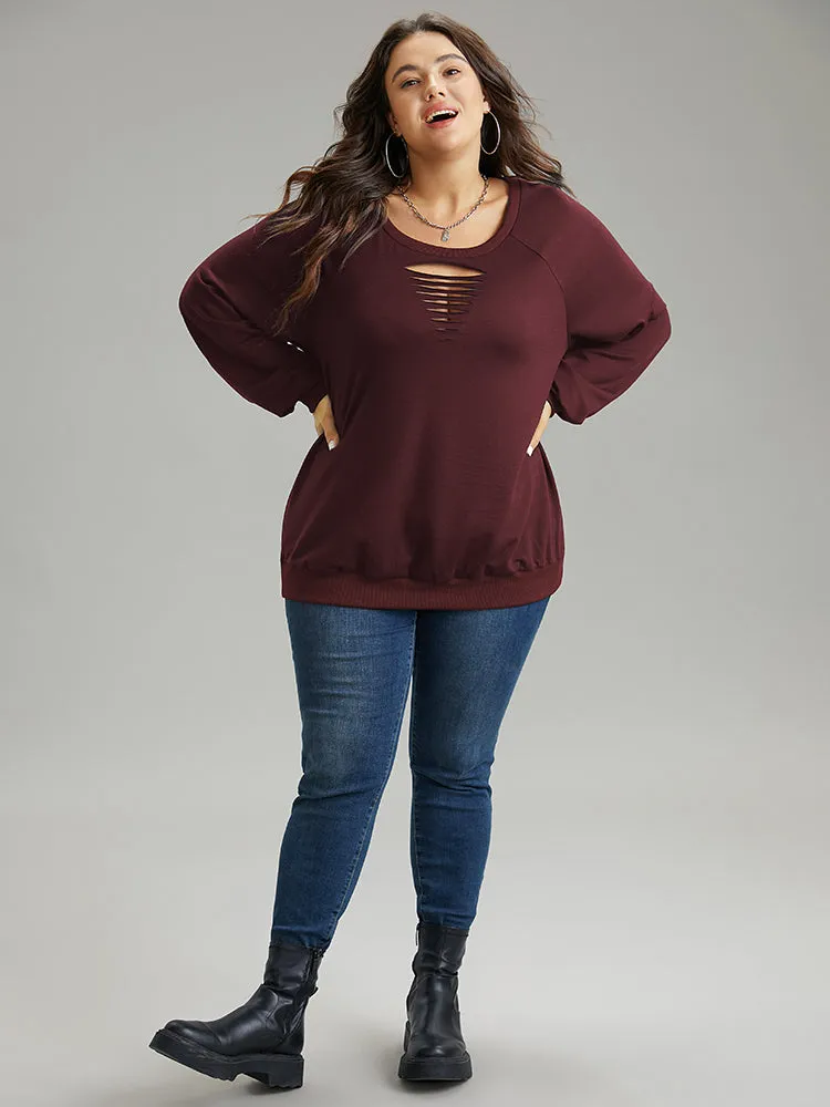 Solid Rib Knit Cut Out Raglan Sleeve Sweatshirt sold by Bloomchic product image thumbnail 3