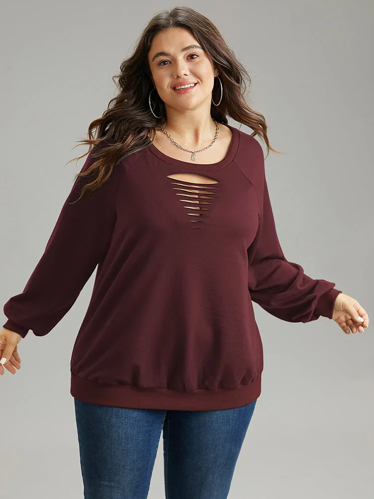 Solid Rib Knit Cut Out Raglan Sleeve Sweatshirt sold by Bloomchic product image thumbnail 4