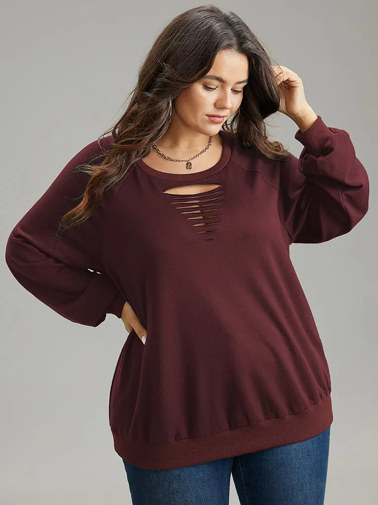 Solid Rib Knit Cut Out Raglan Sleeve Sweatshirt sold by Bloomchic