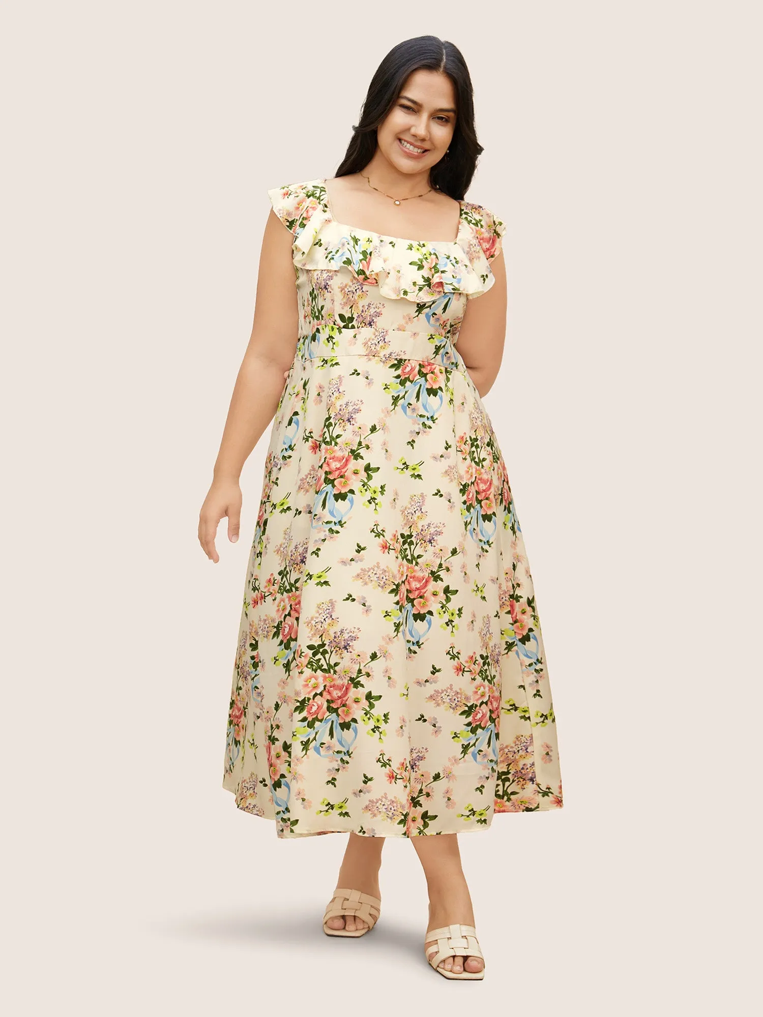 Square Neck Floral Ruffle Trim Dress sold by Bloomchic
