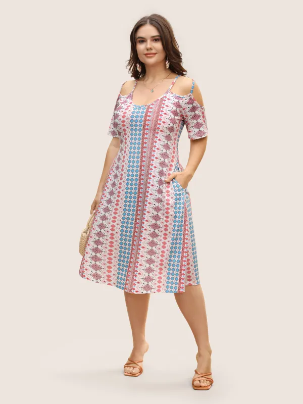 Geometric Bandana Print Cold Shoulder Midi Dress sold by Bloomchic