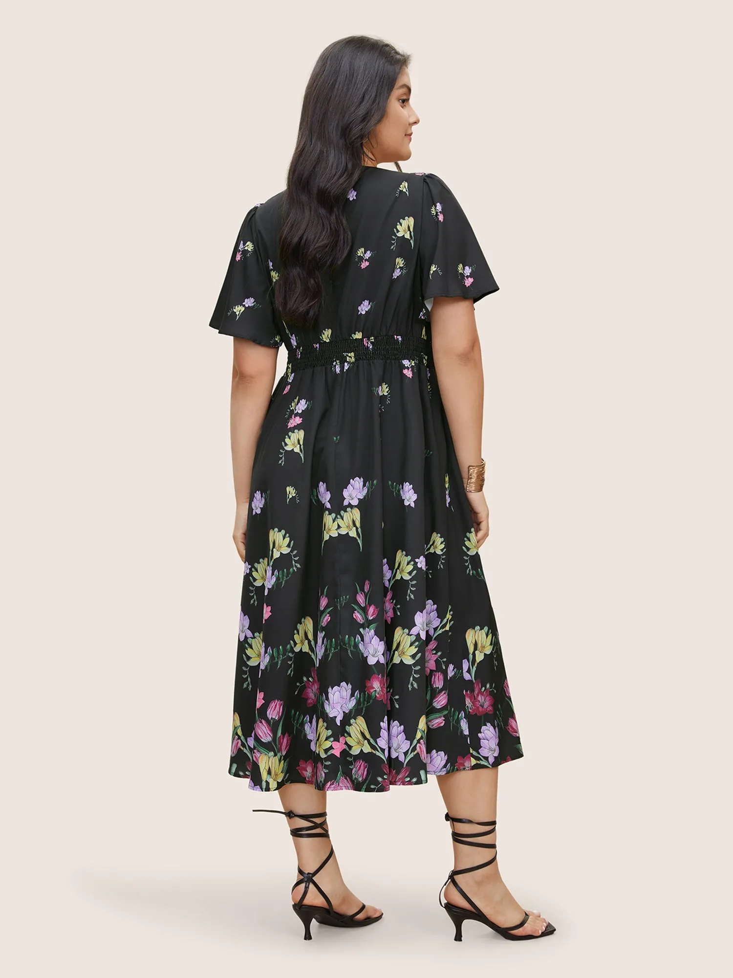 Floral Print Shirred Pocket Ruffle Sleeve Dress sold by Bloomchic product image thumbnail 3