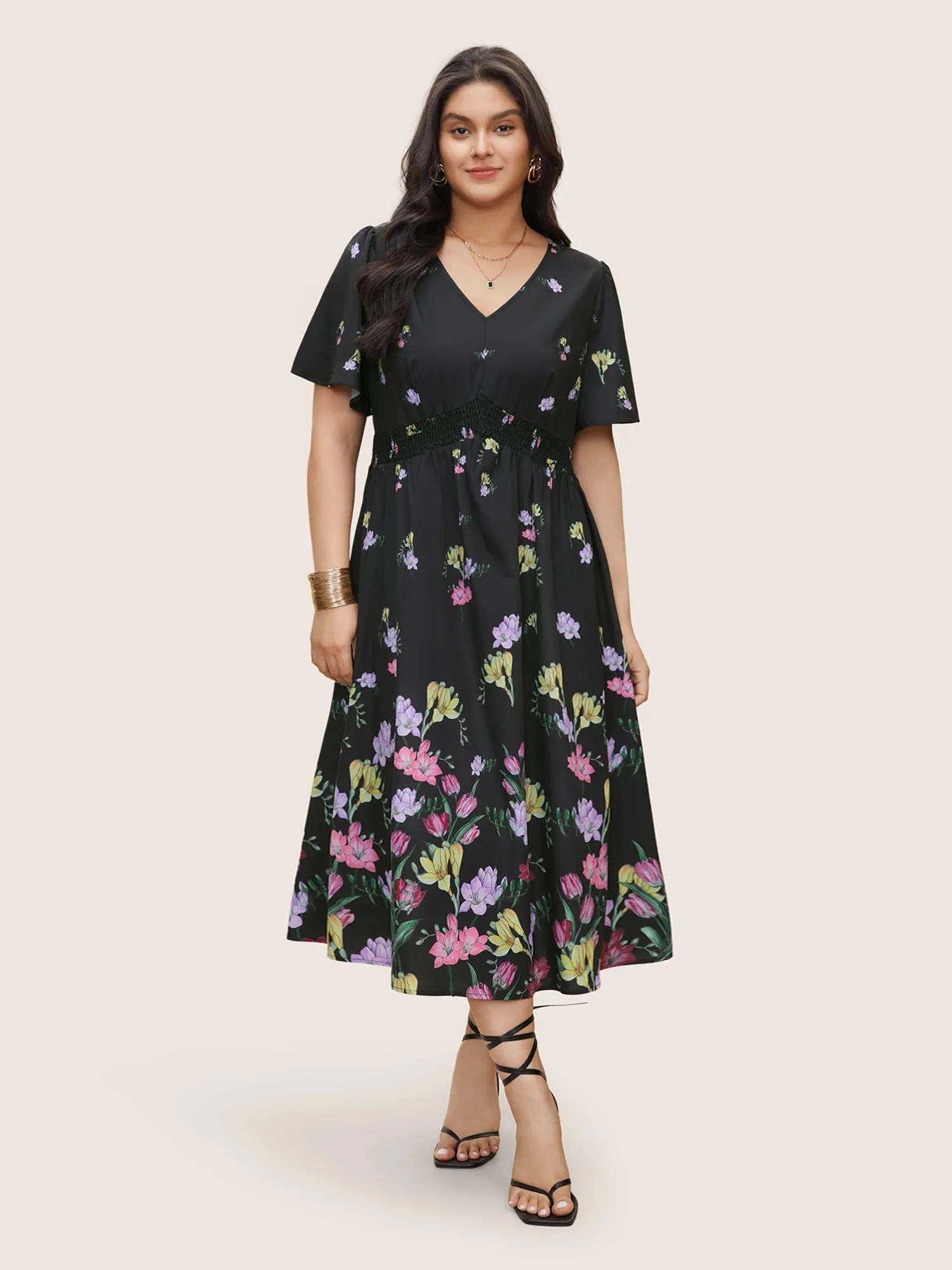 Floral Print Shirred Pocket Ruffle Sleeve Dress sold by Bloomchic