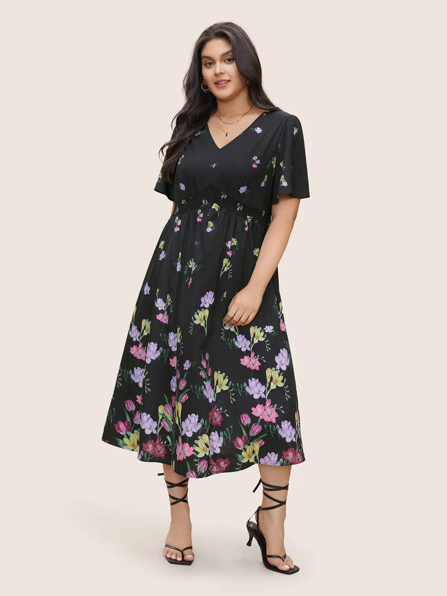 Floral Print Shirred Pocket Ruffle Sleeve Dress sold by Bloomchic product image thumbnail 2