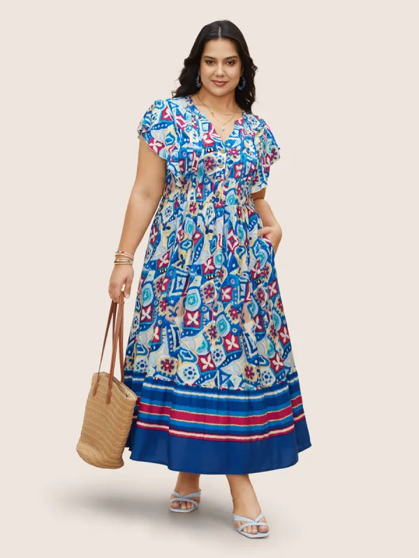 Boho Print Pleated Ruffle Sleeve Dress sold by Bloomchic