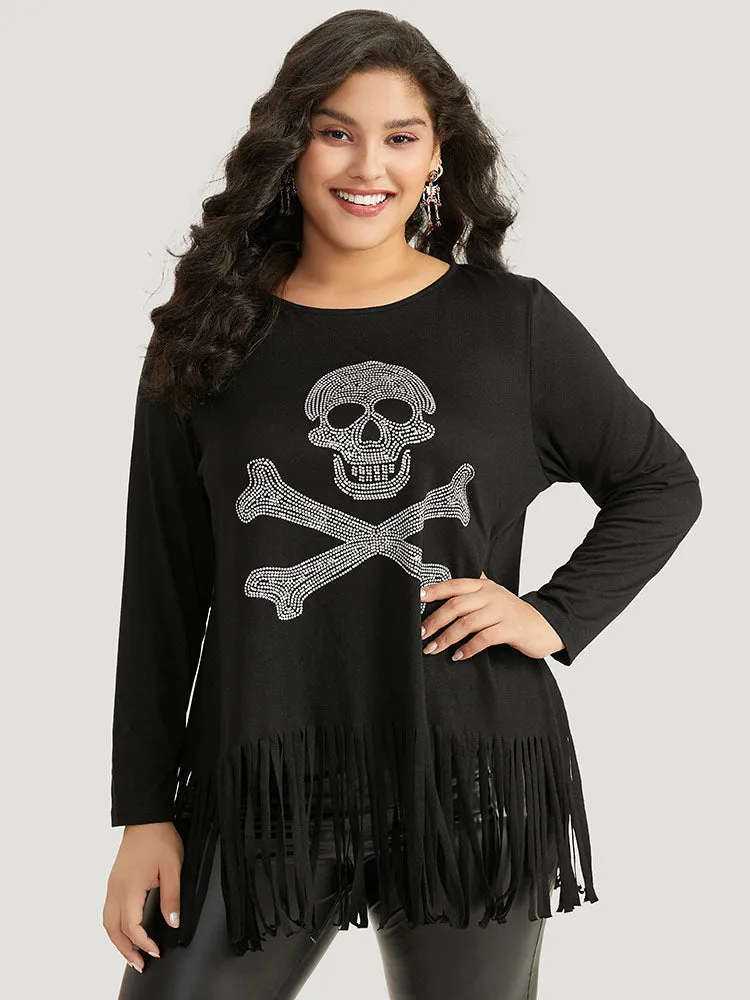 Halloween Skull Rhinestone Fringe Trim T-shirt sold by Bloomchic