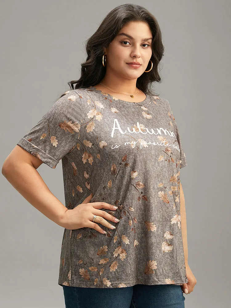 Halloween Letter & Plant Print Cuffed Sleeve T-shirt sold by Bloomchic product image thumbnail 3
