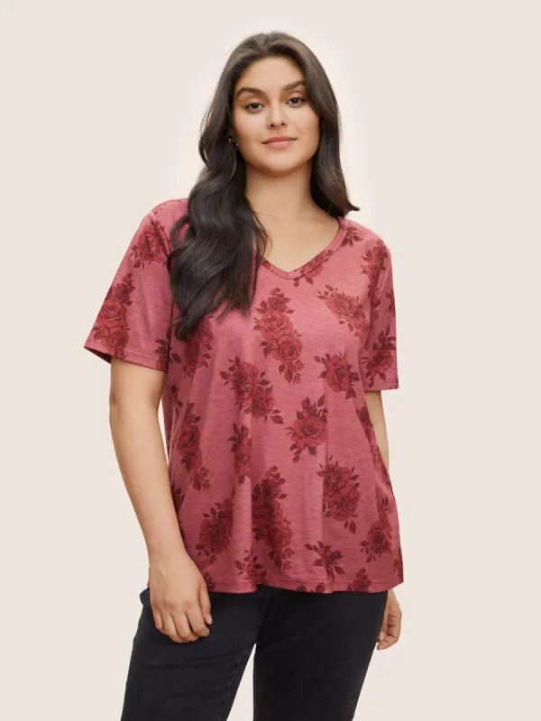 Rose Floral Print V Neck T-shirt sold by Bloomchic