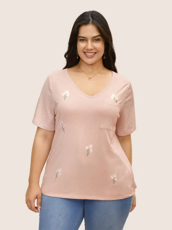 V Neck Floral Embroidered Patch Pocket T-shirt sold by Bloomchic