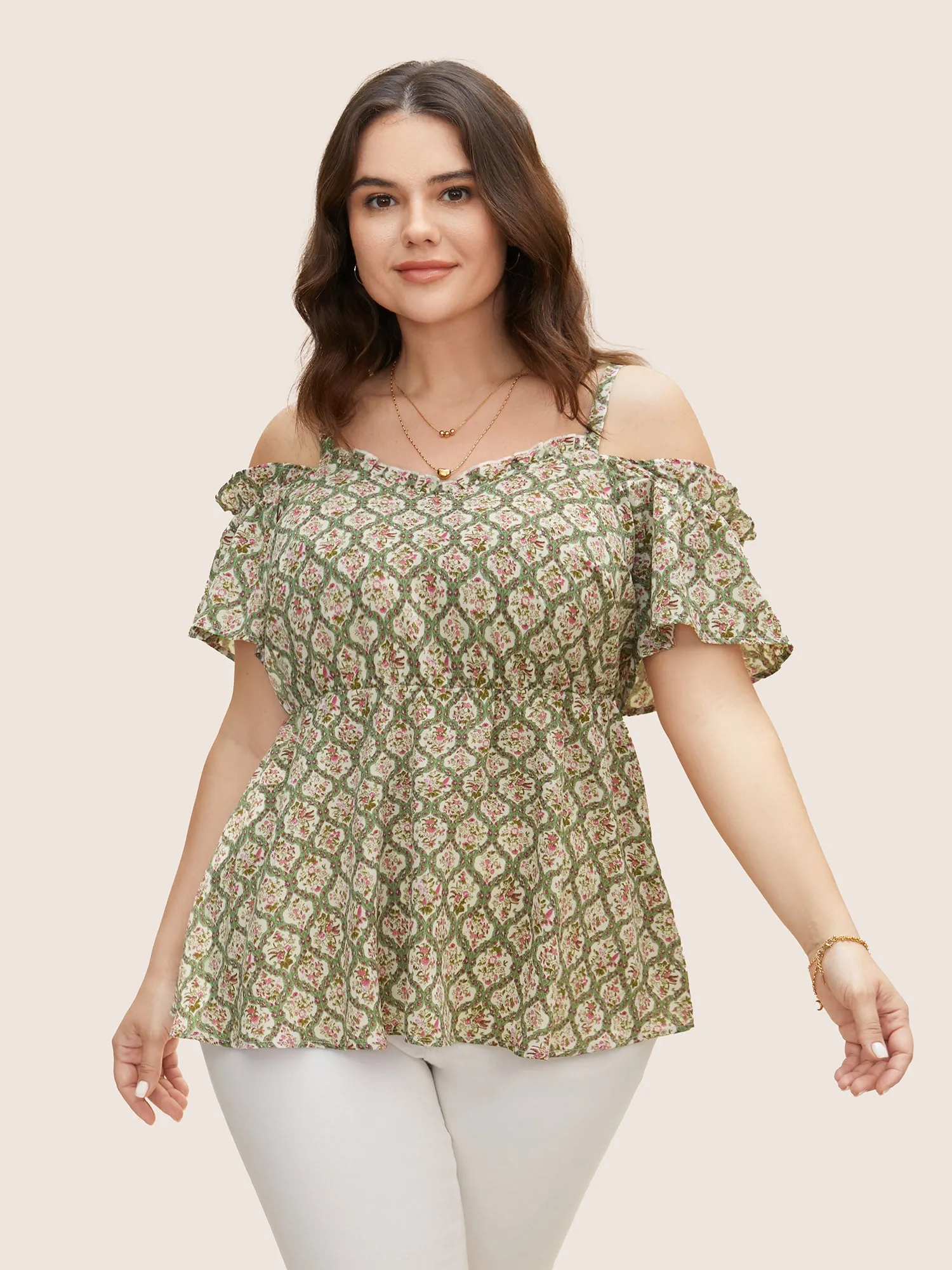 Boho Print Off Shoulder Ruffles Blouse sold by Bloomchic
